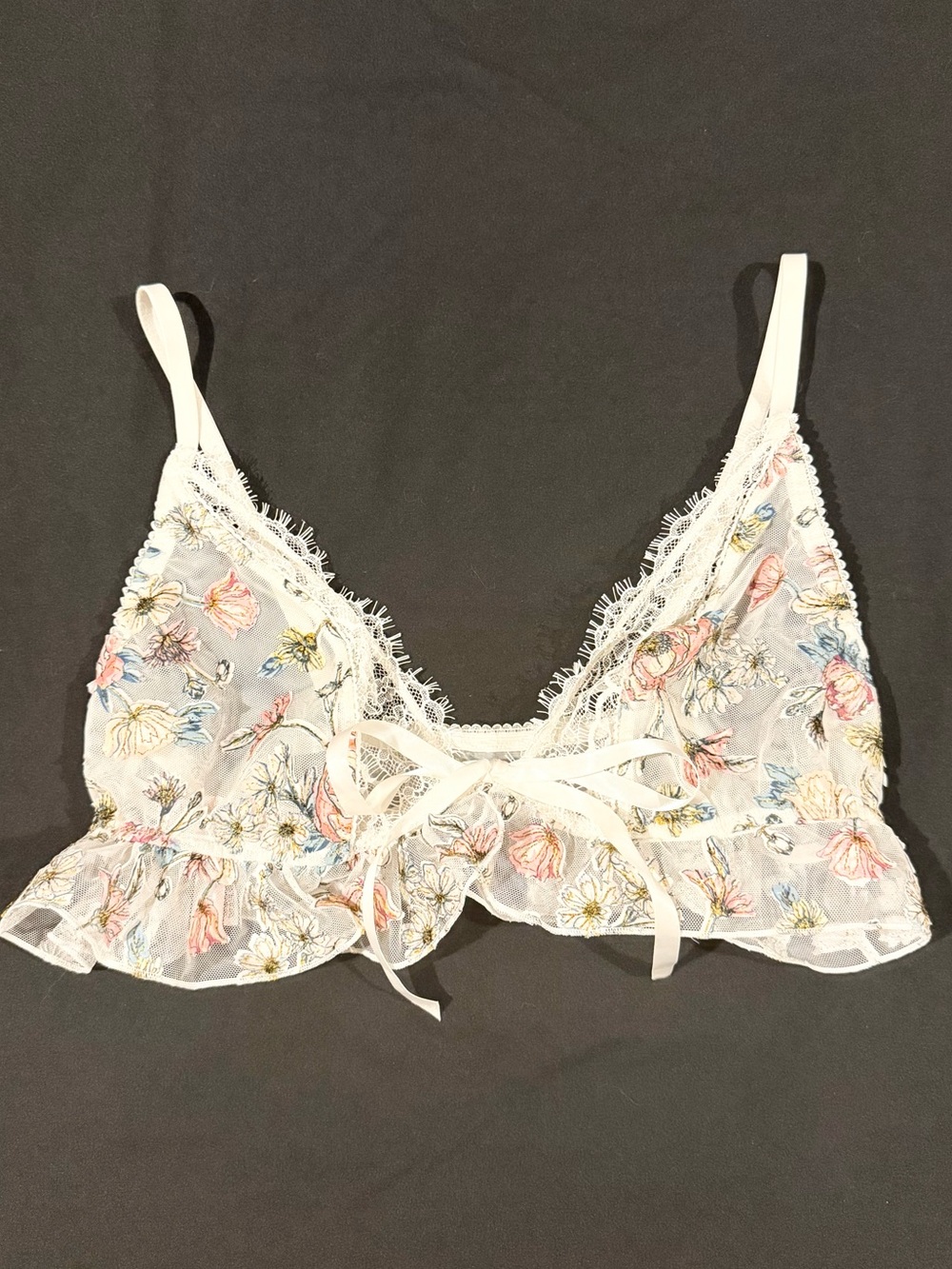 Sheer Floral Lace Bralette with Multicolor Embroidery